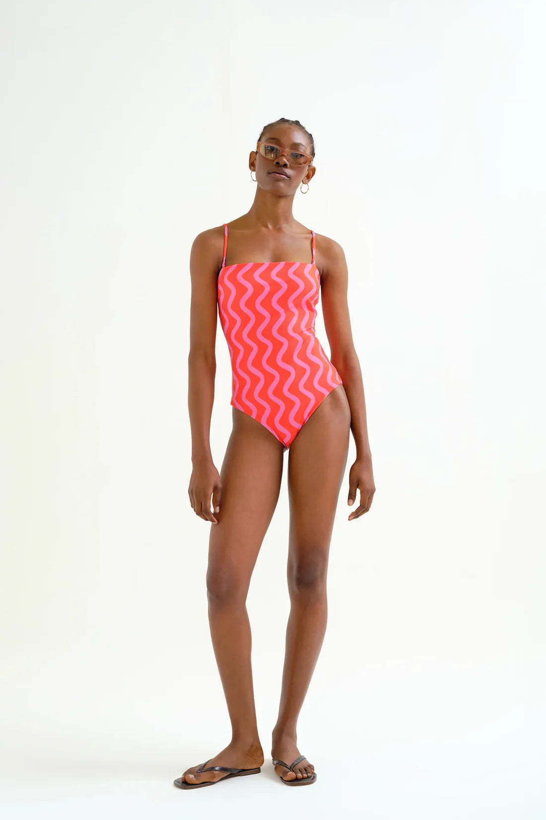 Swimsuit with Straight Neckline, Wave Red & Pink Print