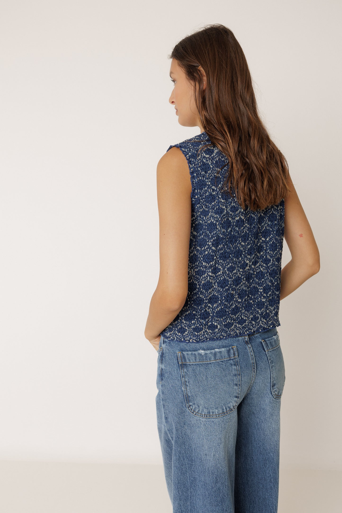 Indigo Lace Tie-Front Sleeveless Top