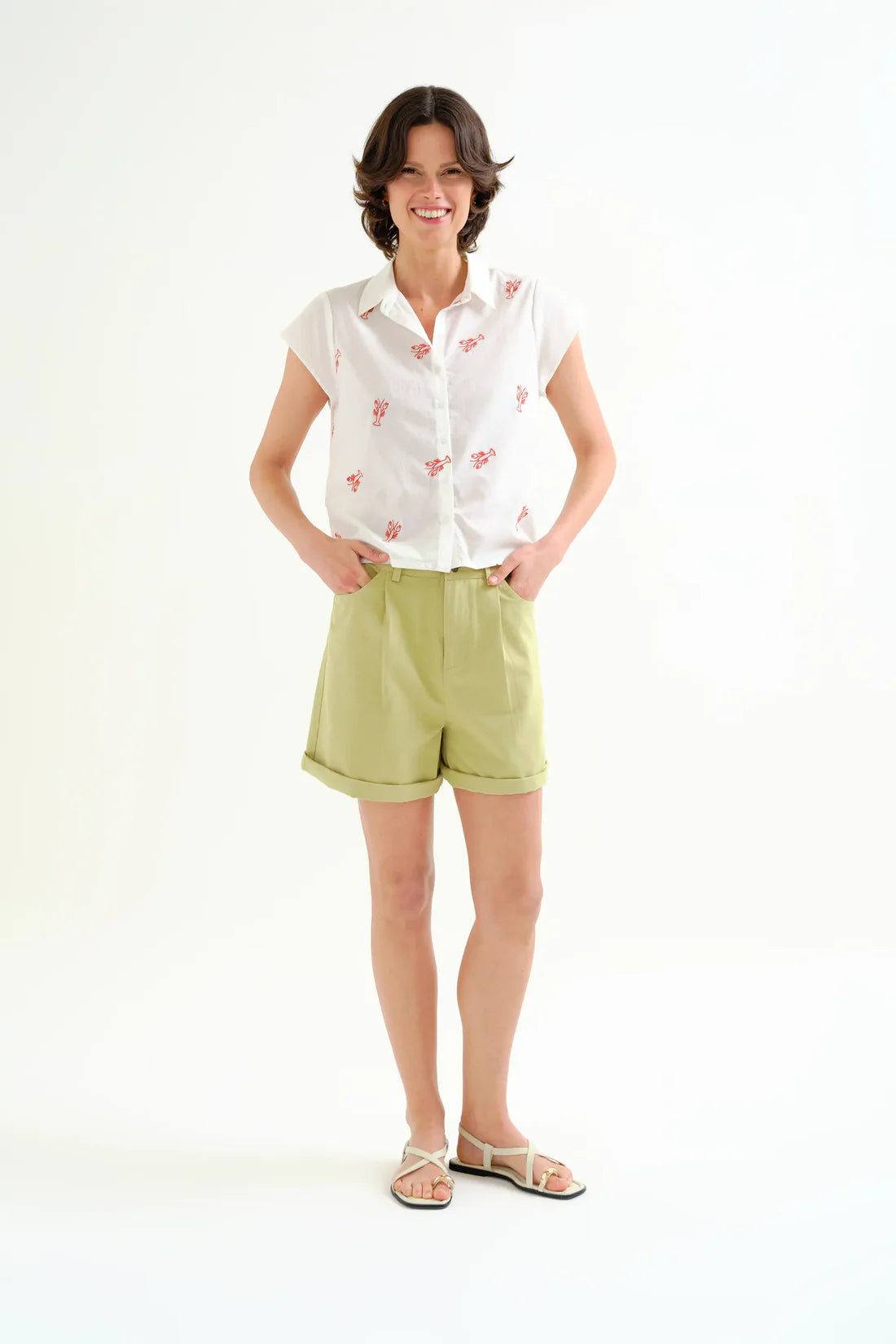 Shirt with Red Lobster Embroidery