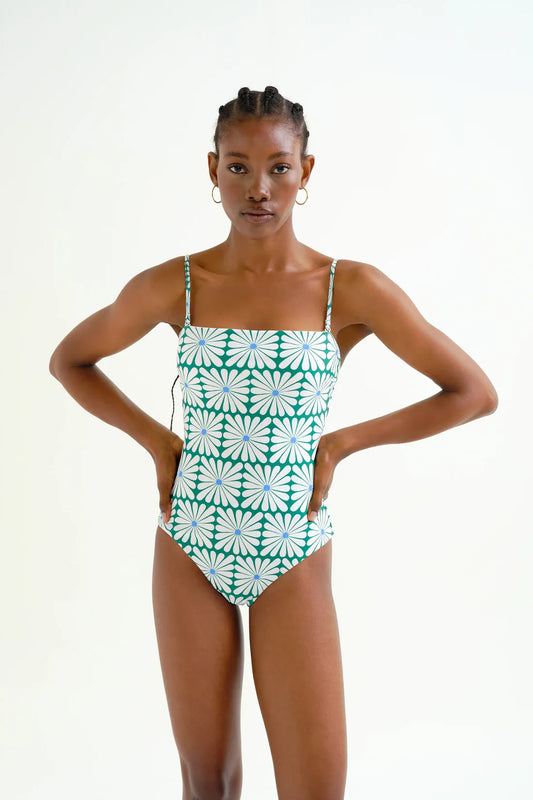 Swimsuit with Straight Neckline, Olive Flower Green Print