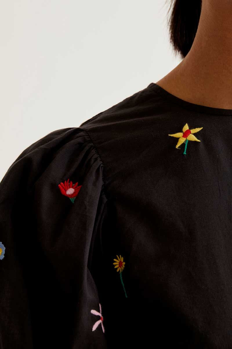 Top with Black Gardener Flowers Print