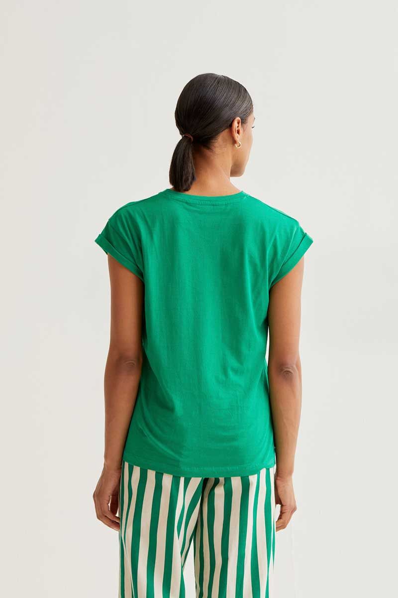 Green T-shirt with red tulip embroidery