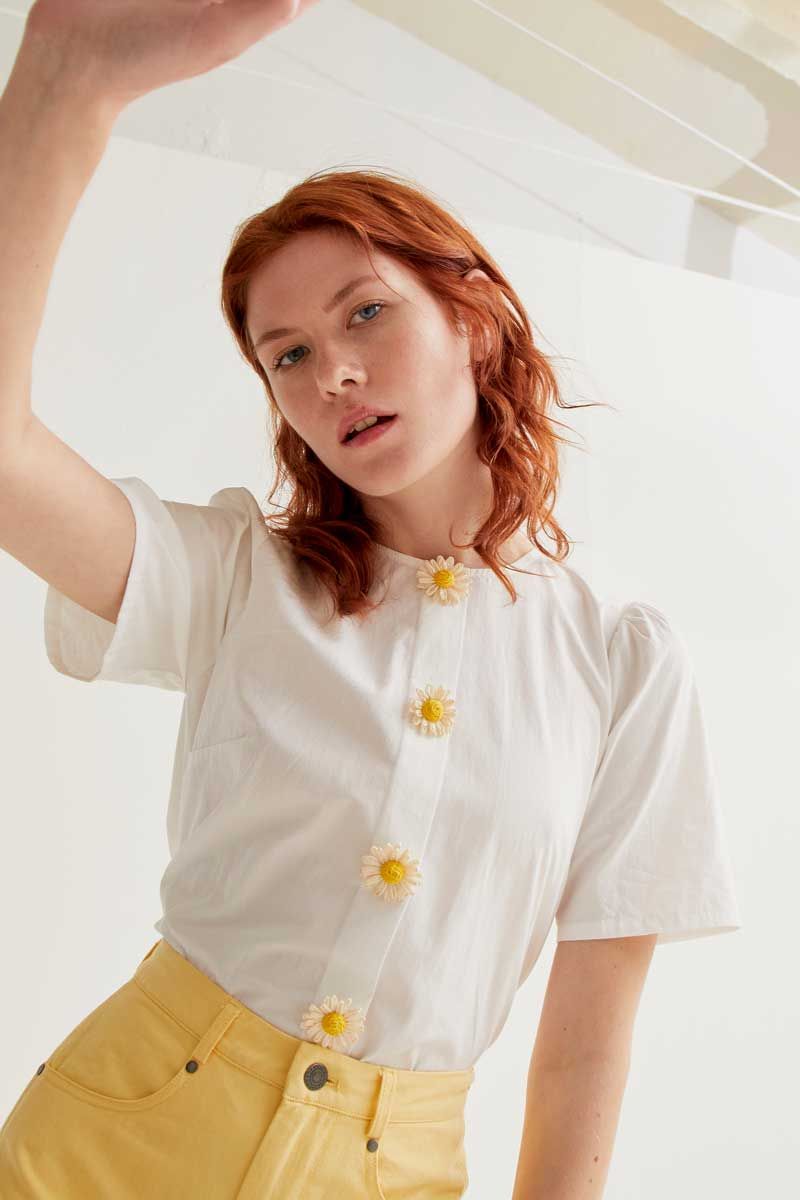100% Cotton Top With Floral Buttons