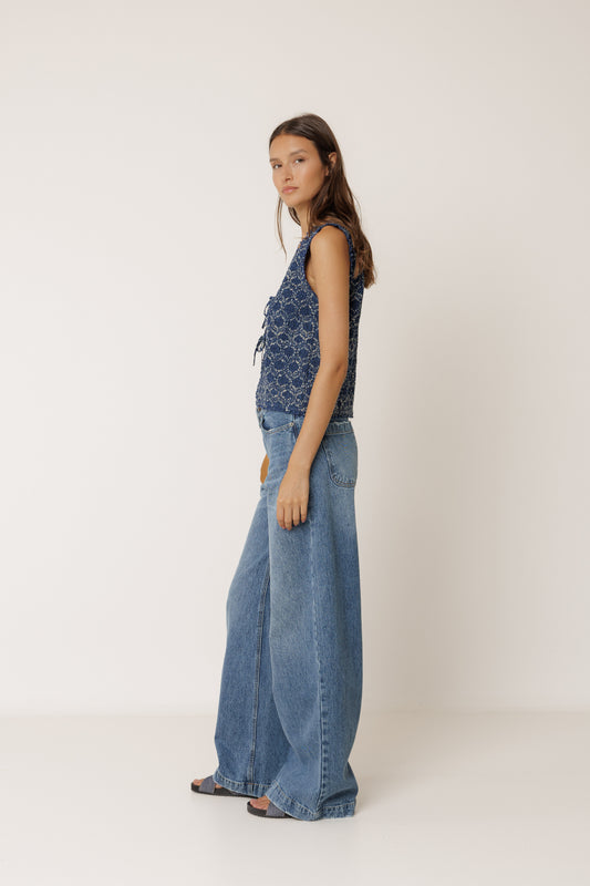 Indigo Lace Tie-Front Sleeveless Top
