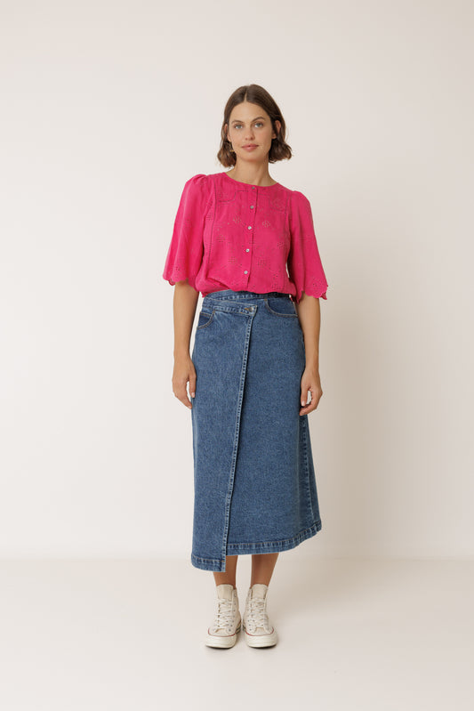 Fuchsia Broderie Button Blouse