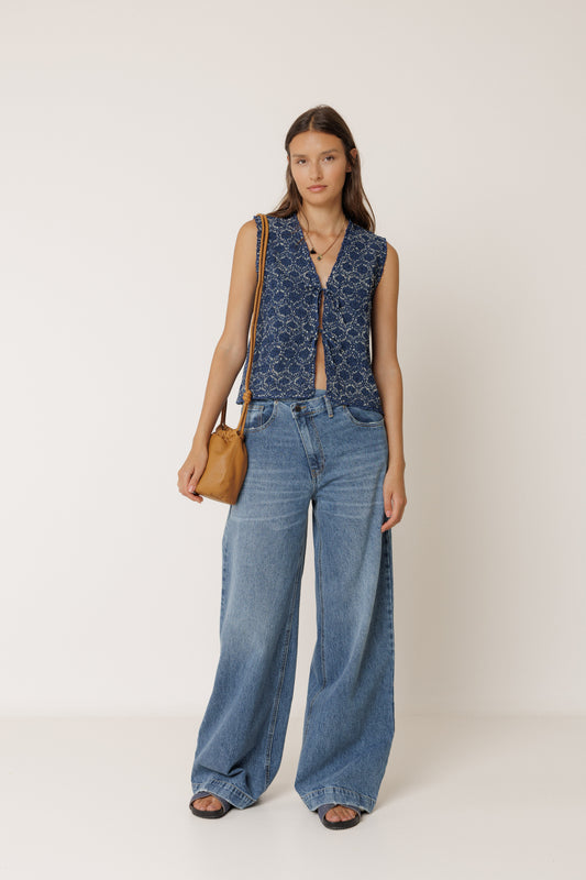 Indigo Lace Tie-Front Sleeveless Top