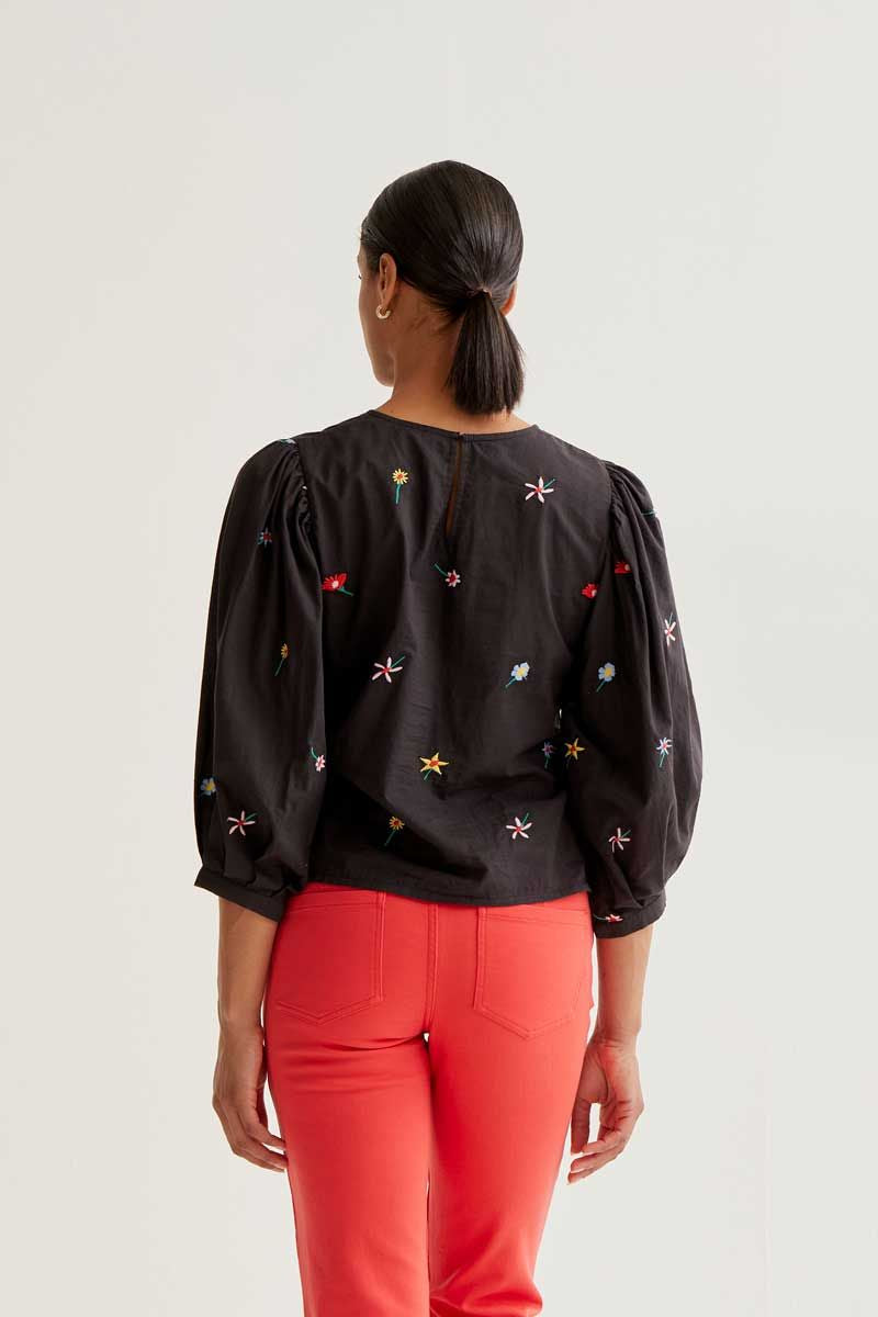 Top with Black Gardener Flowers Print