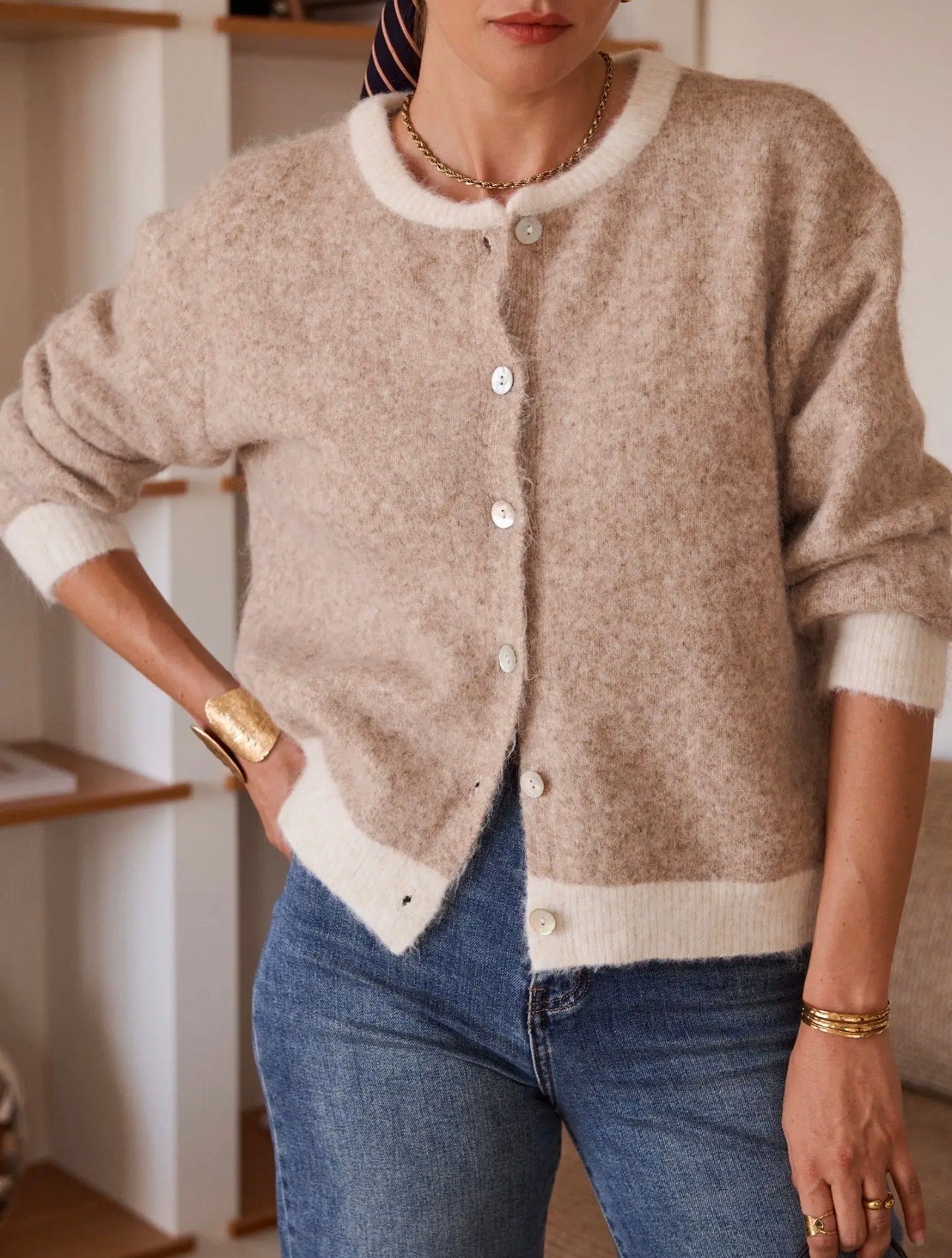 Taupe Two Tone Knitted Cardigan