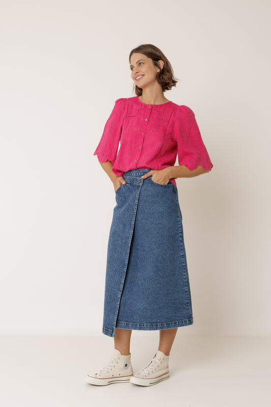 Fuchsia Broderie Button Blouse