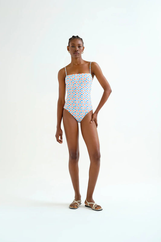 Popcorn Print Straight Neckline Swimsuit