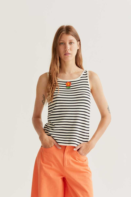 Black and White Striped Top with Flower Embroidery