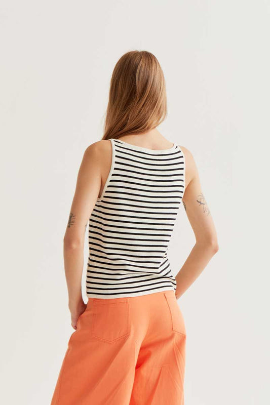 Black and White Striped Top with Flower Embroidery