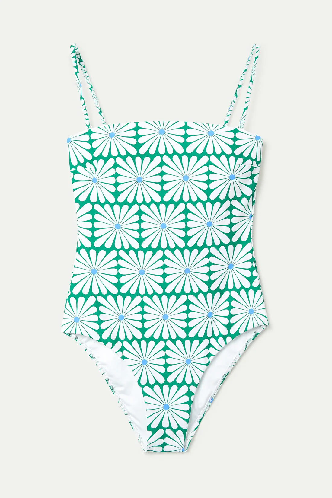 Swimsuit with Straight Neckline, Olive Flower Green Print
