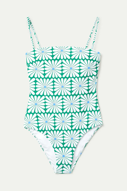 Swimsuit with Straight Neckline, Olive Flower Green Print