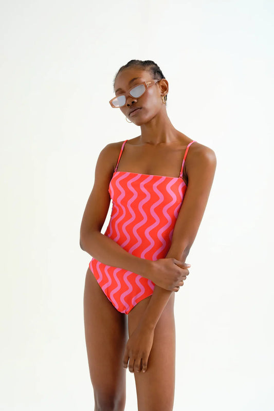 Swimsuit with Straight Neckline, Wave Red &amp; Pink Print
